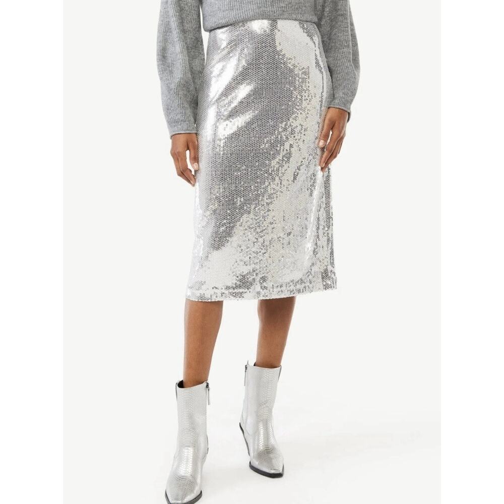 Scoop NWT Women's Sequin Midi Pencil Straight Skirt Silver Grey Sz XL